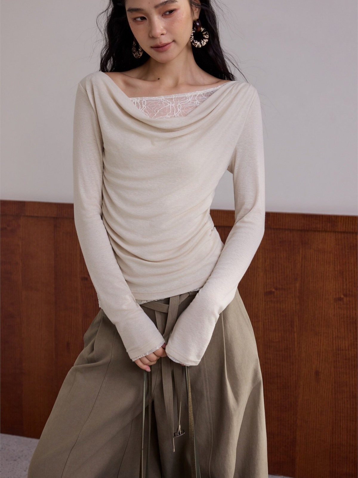 Hary Lace Trim One Shoulder Long-Sleeve Top