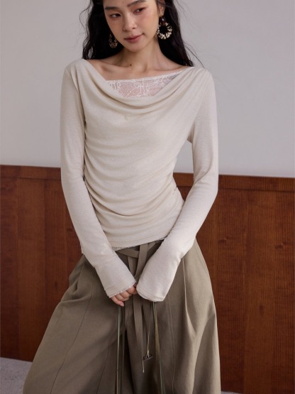 Hary Lace Trim One Shoulder Long-Sleeve Top