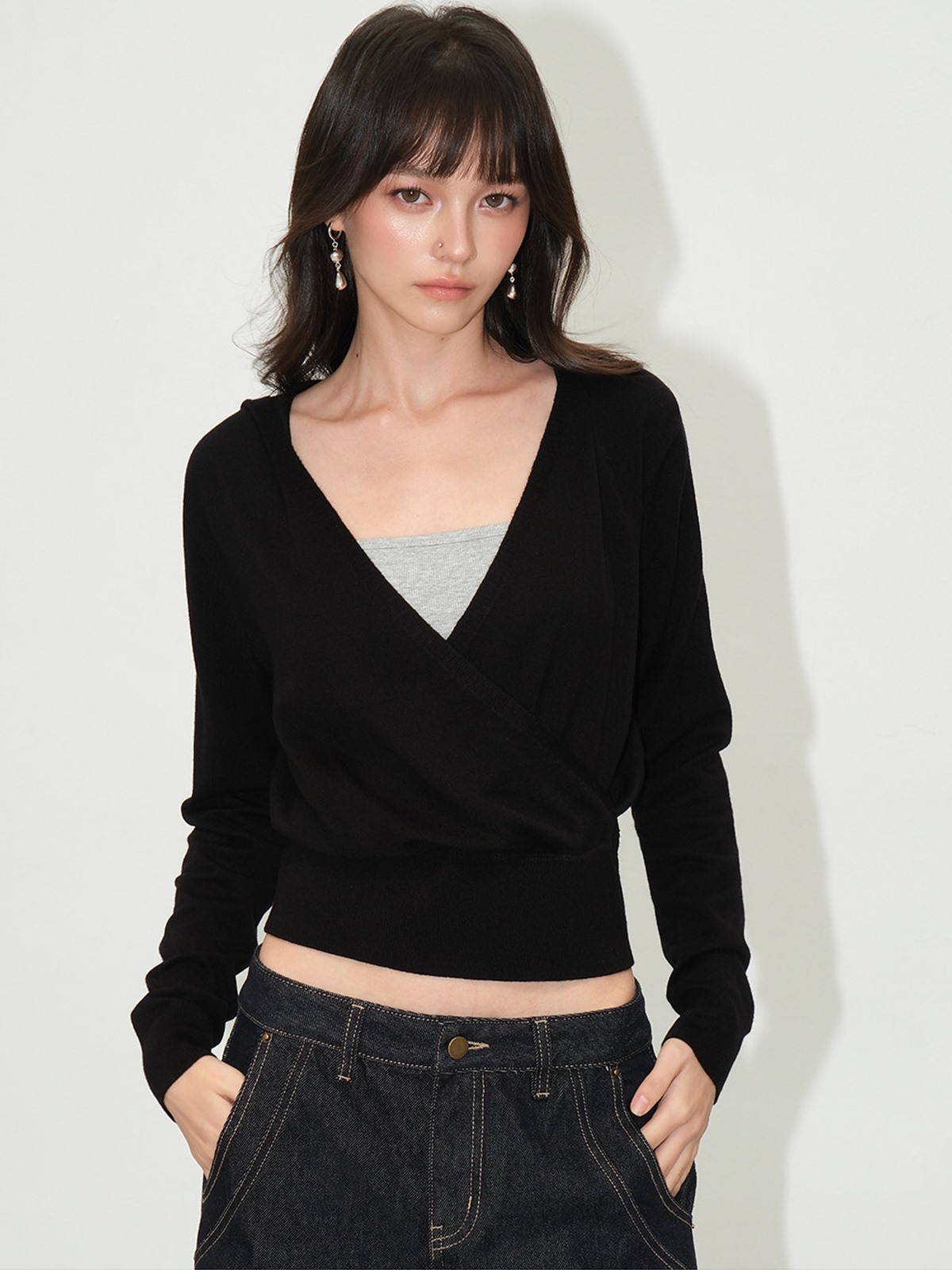 Lareine Wrap V-Neck Hooded Knit Top