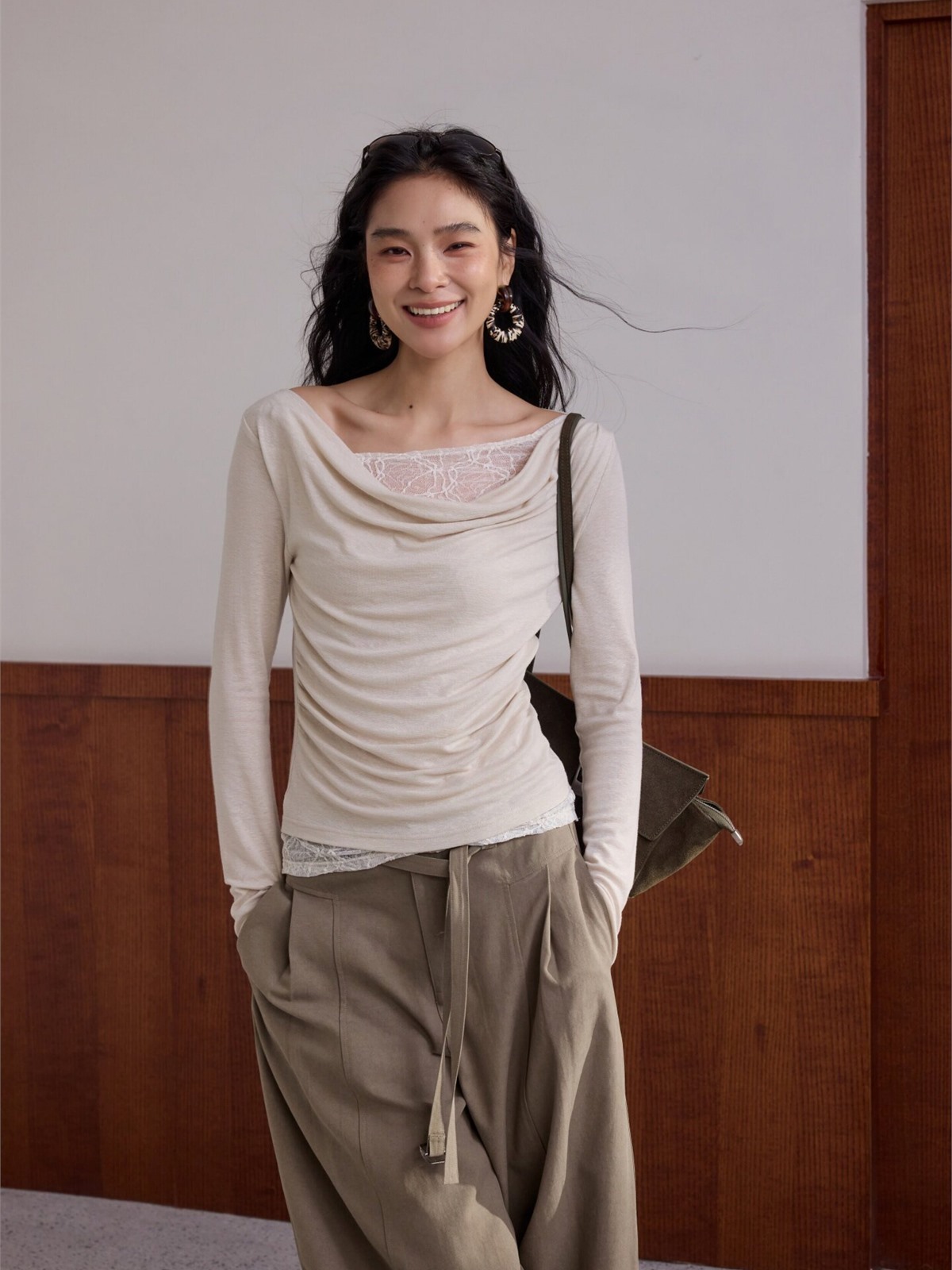 Hary Lace Trim One Shoulder Long-Sleeve Top