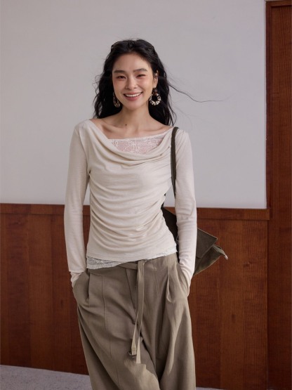 Hary Lace Trim One Shoulder Long-Sleeve Top