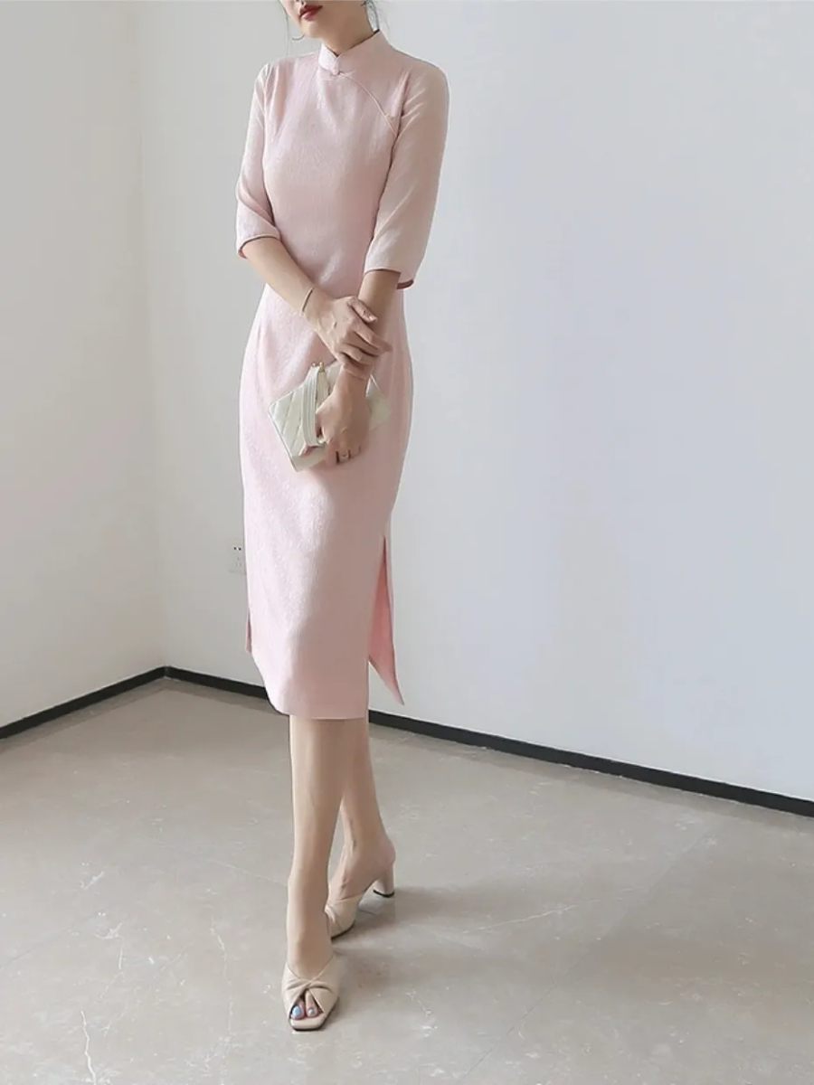 Na's Mandarin Collar Half Sleeve Cheongsam-The Black Bow-