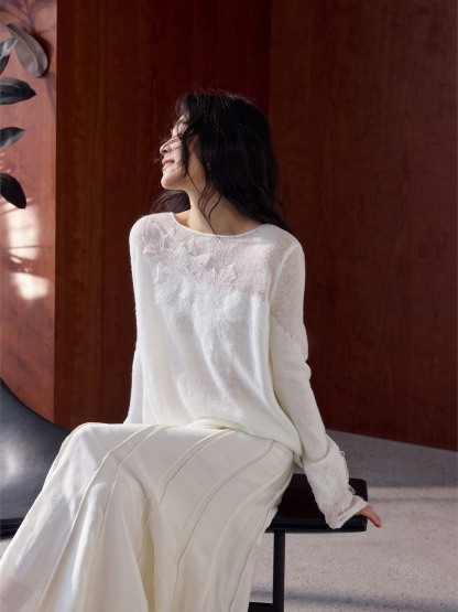 Hera Graceful Floral Sheer-Knit Long-Sleeve Top