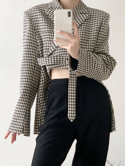 Leyna Houndstooth Asymmetric Cropped Front Blazer-The Black Bow-