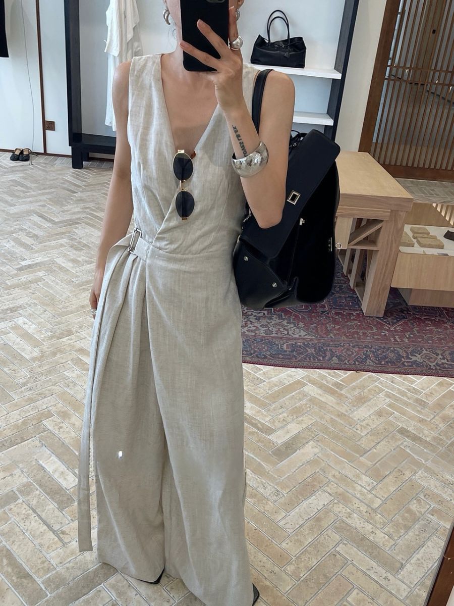 Antonia V Collar Belted Wide Leg Jumpsuit