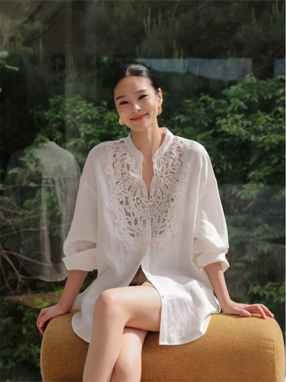 Henrietta Embroidered Lace-Panel Blouse