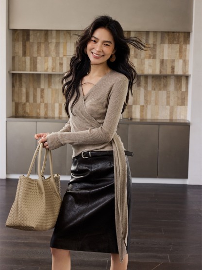Honora Long-Sleeve Wrap Knit Top