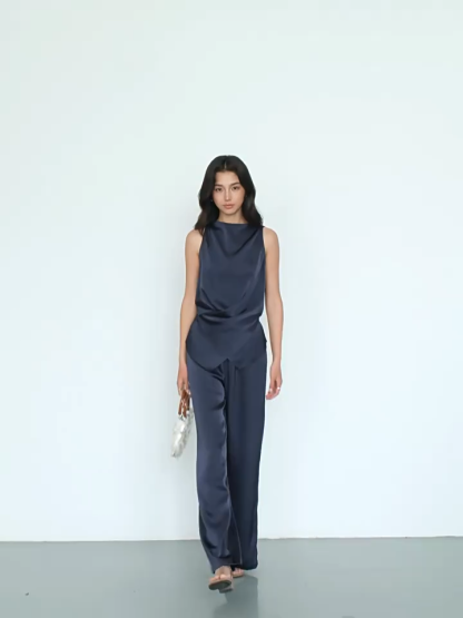 Fluid Satin Drape Neck Tie-Back Blouse & Pants (Sold Seperately)