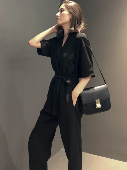 Natasha Front Wrap Belted Jumpsuits-The Black Bow-