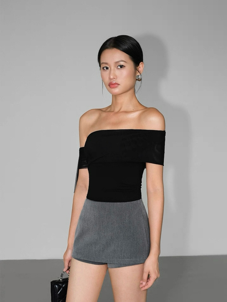 Alaina One Shoulder Top with Flowy Mesh Tie