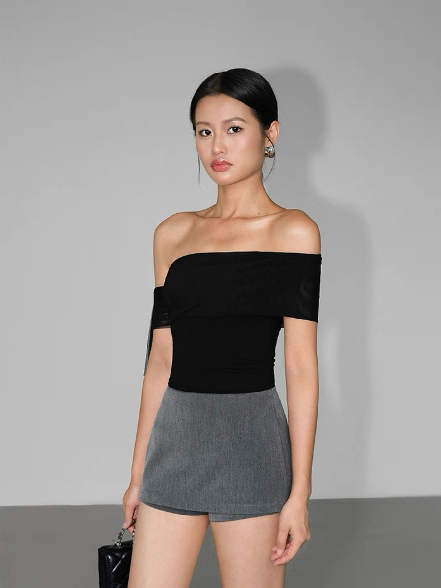 Alaina One Shoulder Top with Flowy Mesh Tie
