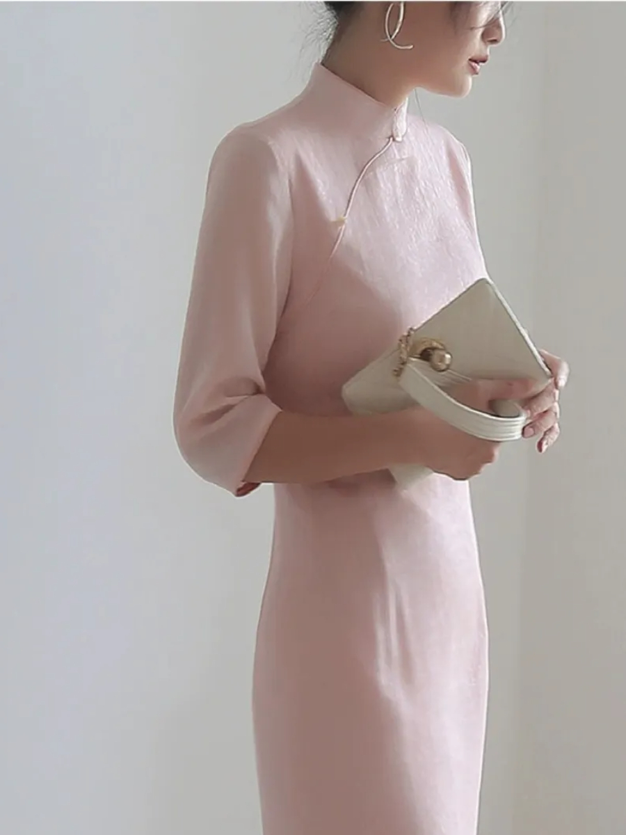 Na's Mandarin Collar Half Sleeve Cheongsam-The Black Bow-