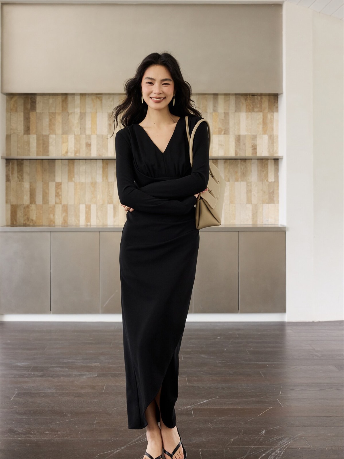 Helon Ruched Long-Sleeve Maxi Dress