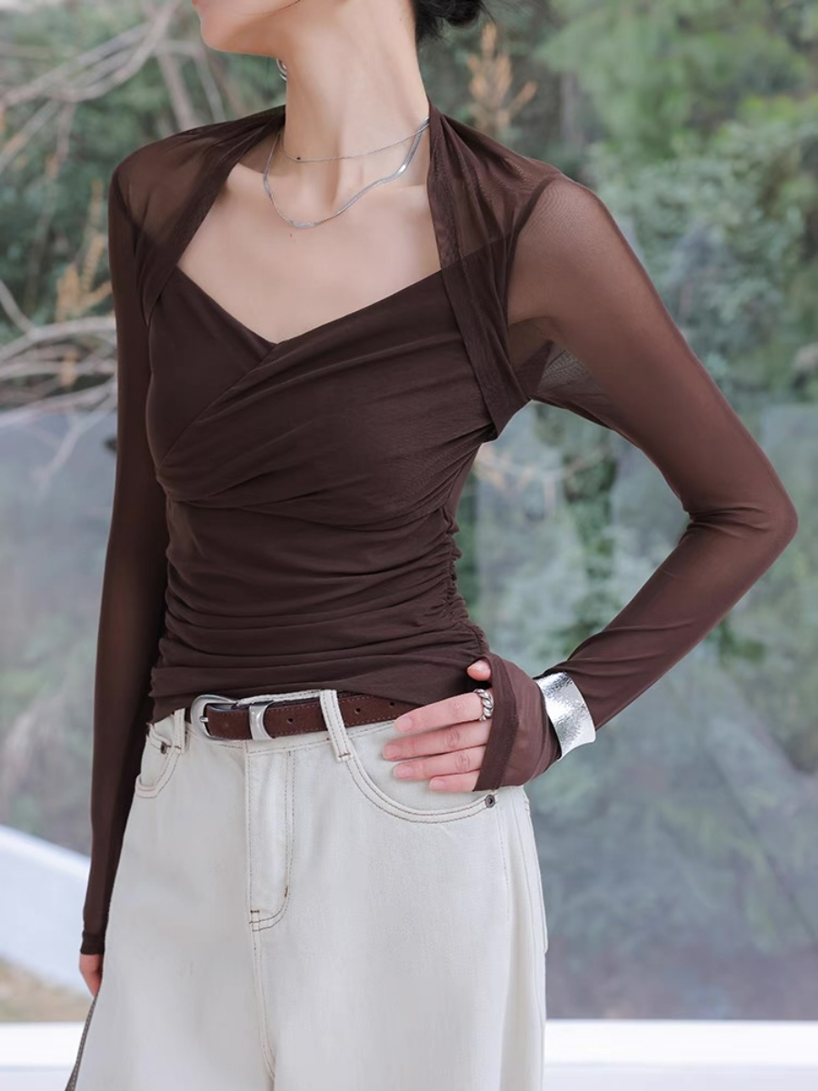 Xilenia Queen Anne Collar Sheer Sleeve Top
