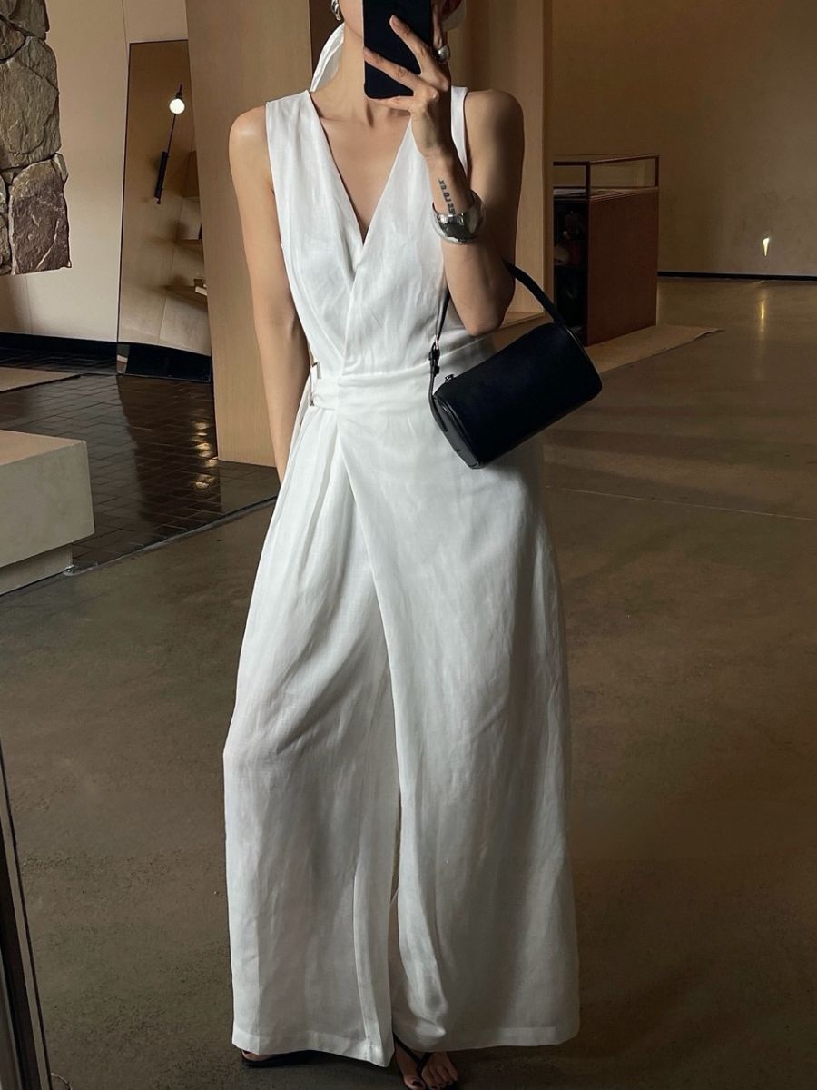 Antonia V Collar Belted Wide Leg Jumpsuit