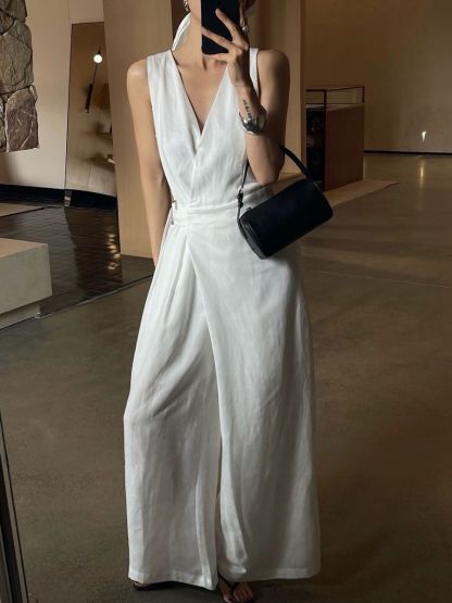Antonia V Collar Belted Wide Leg Jumpsuit