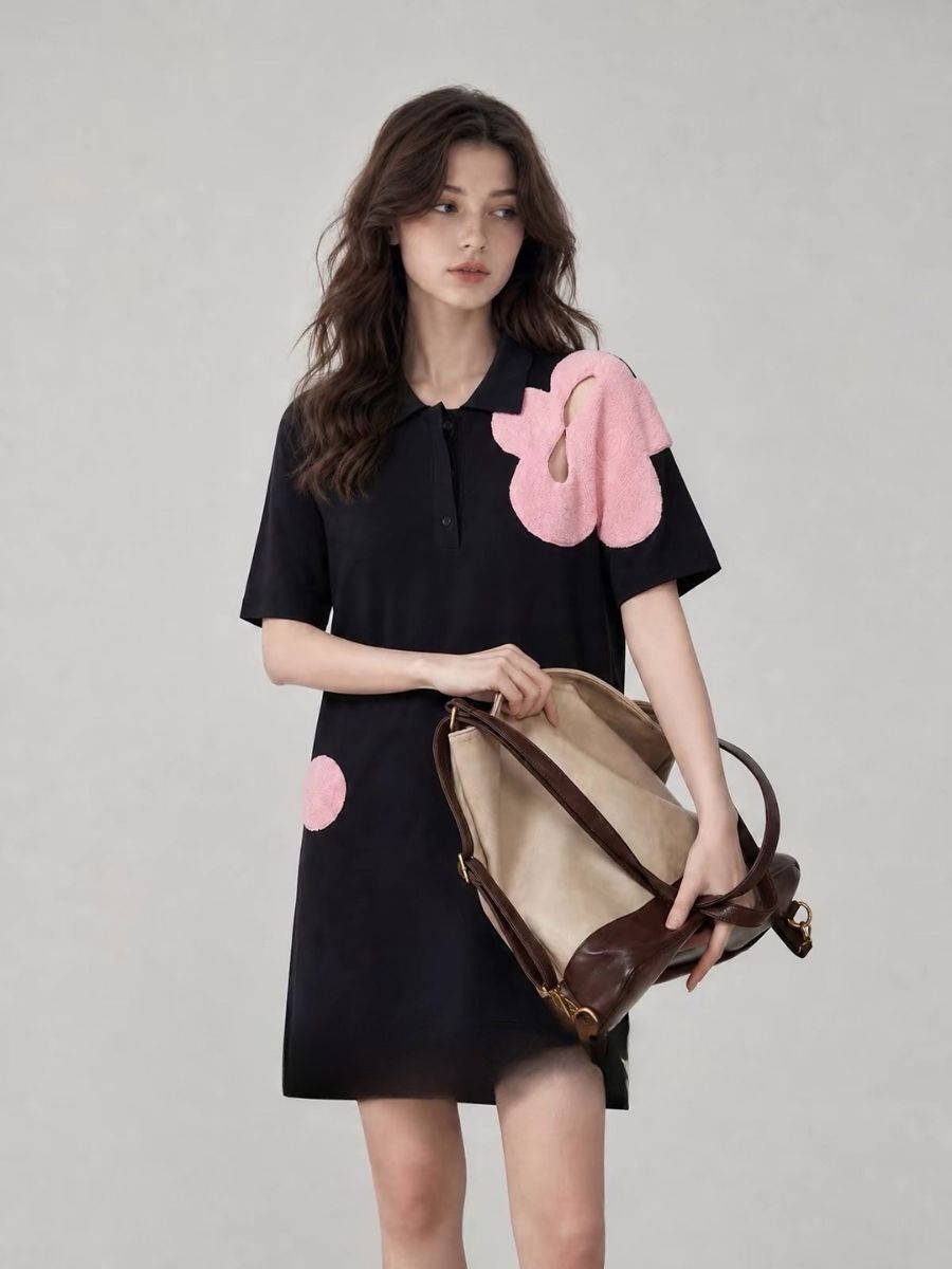 Jian Bin Oversized Floral-Appliqué Polo Dress