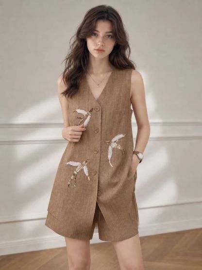 Jian Bo Sequin Bird-Embroidered Linen Vest & Wide-Leg Shorts Set (Sold Seperately)