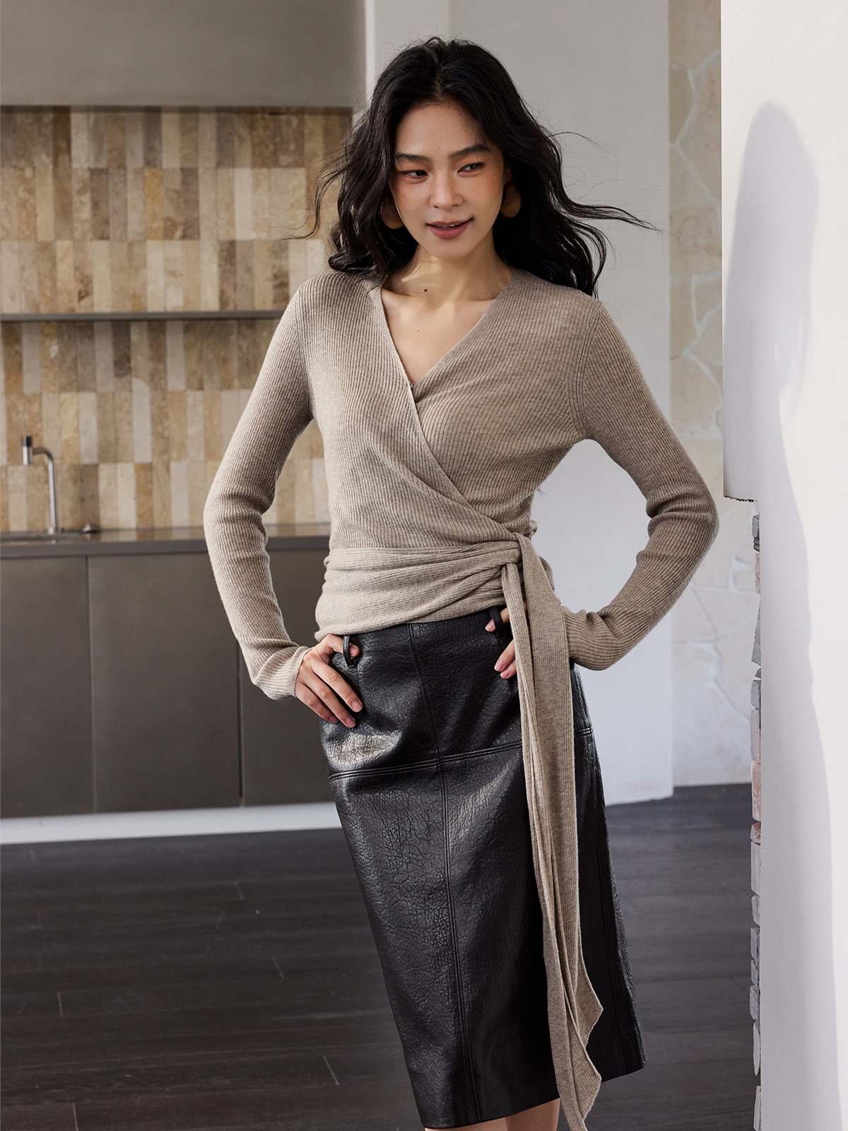 Honora Long-Sleeve Wrap Knit Top