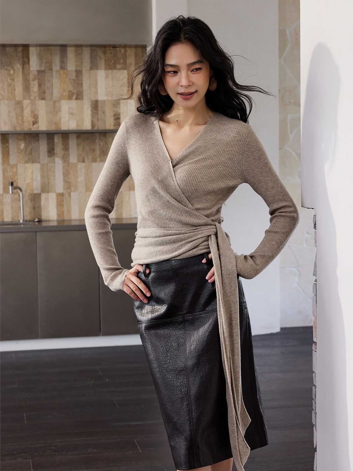 Honora Long-Sleeve Wrap Knit Top