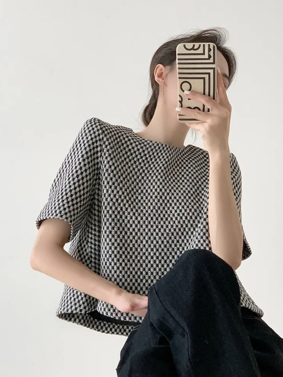 Lanaly Mid Sleeve Checked Top-The Black Bow-