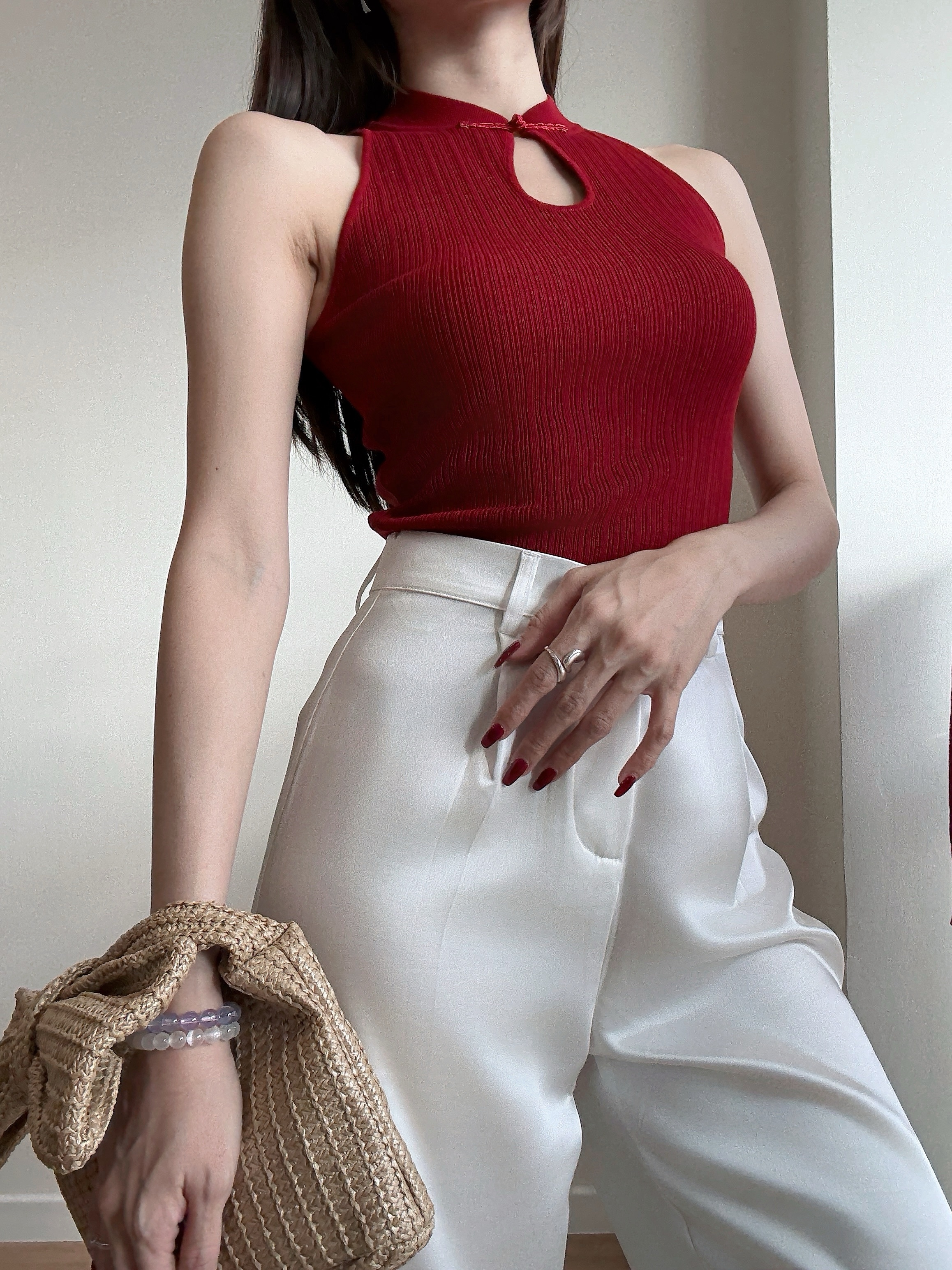 Li Yi Halter Neck Oriental Knit Top