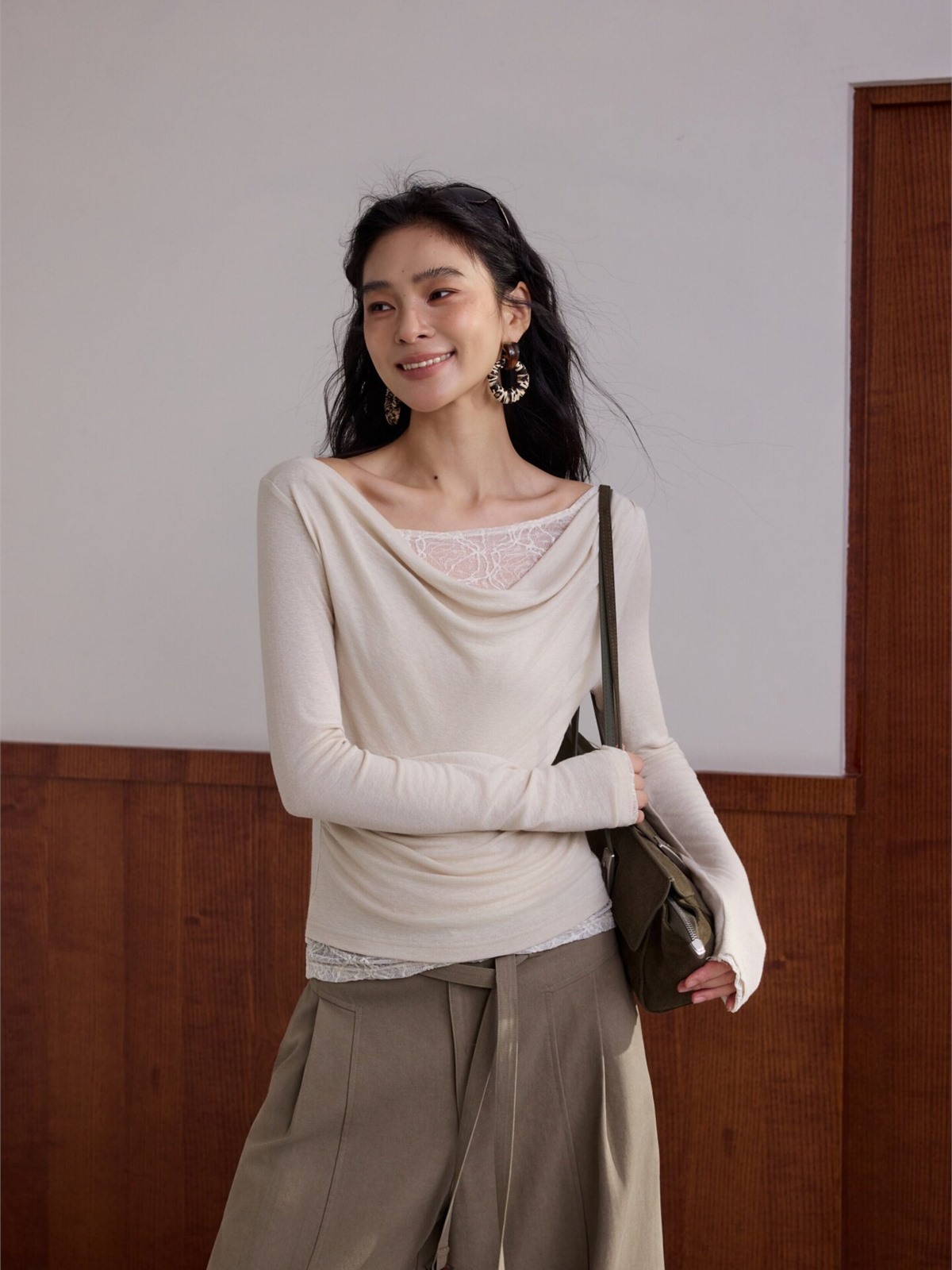 Hary Lace Trim One Shoulder Long-Sleeve Top