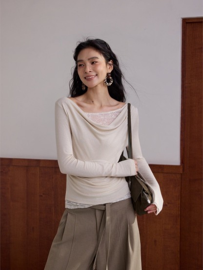 Hary Lace Trim One Shoulder Long-Sleeve Top