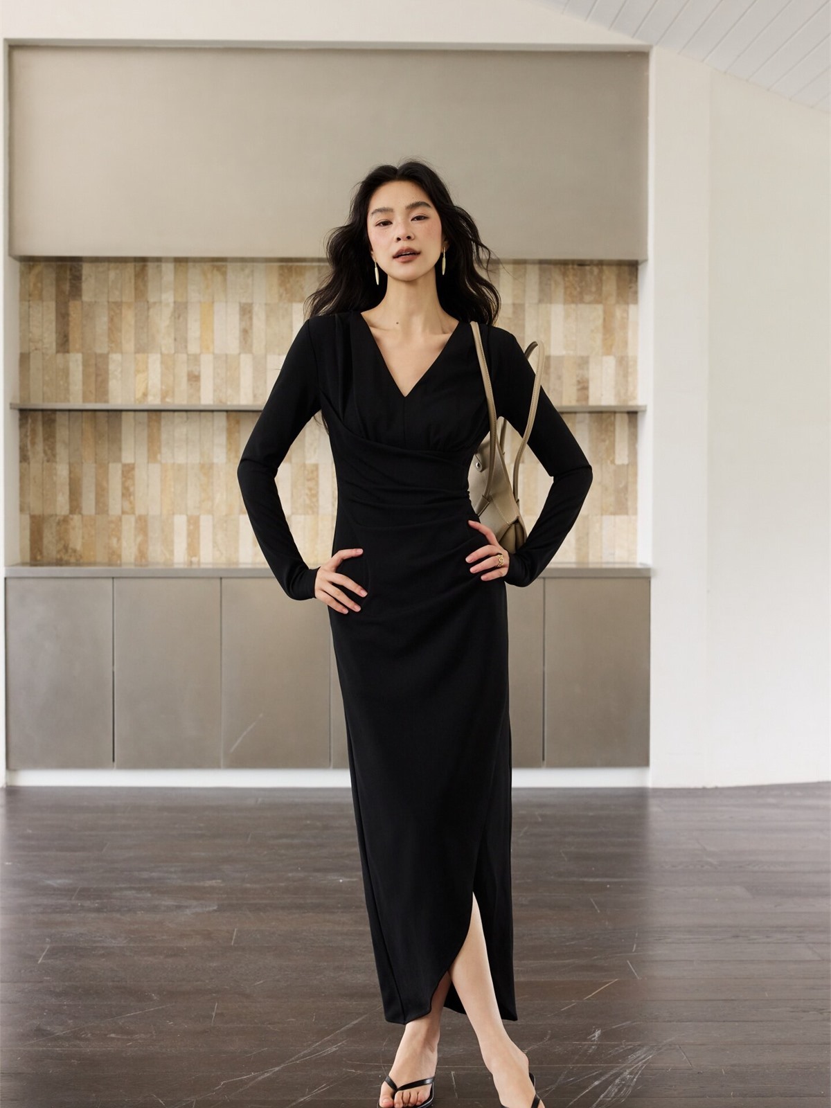 Helon Ruched Long-Sleeve Maxi Dress