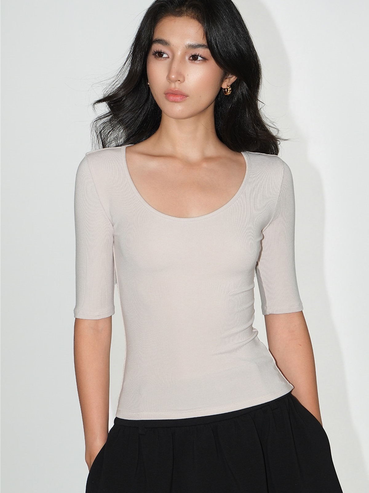 Liesel Scoop-Neck Elbow-Sleeve Top