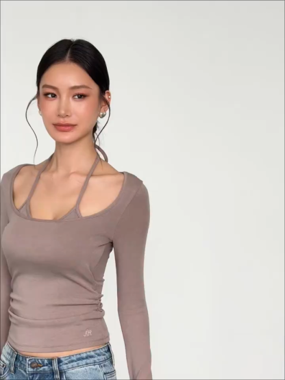 Lucinda Fake Two-Piece Binding-Strap Scoop-Neck Top