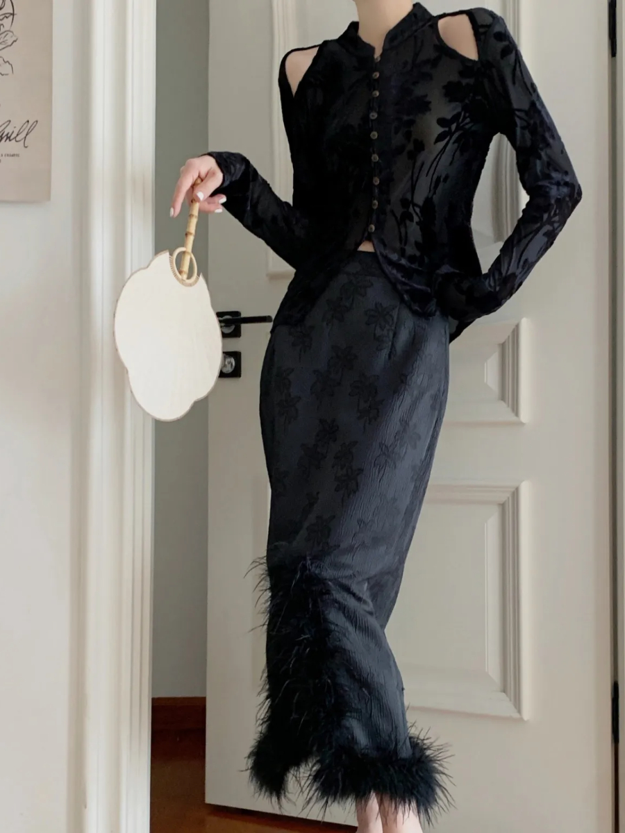 Ling Yun Feather Trim Jacquard Oriental Skirt-The Black Bow-