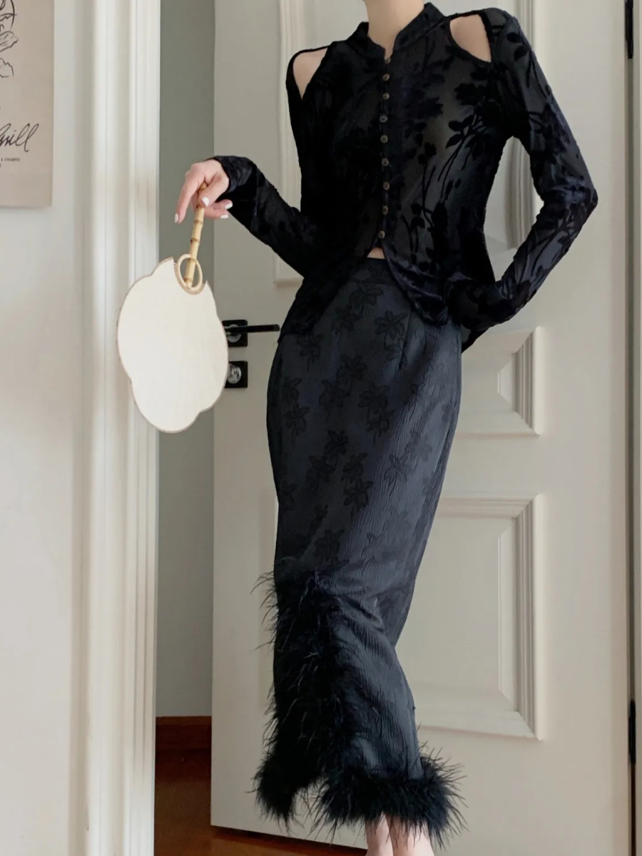 Ling Yun Feather Trim Jacquard Oriental Skirt-The Black Bow-