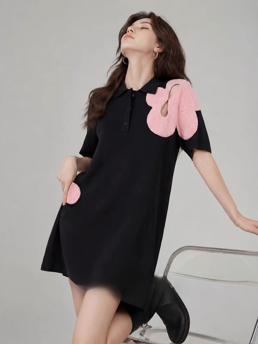 Jian Bin Oversized Floral-Appliqué Polo Dress