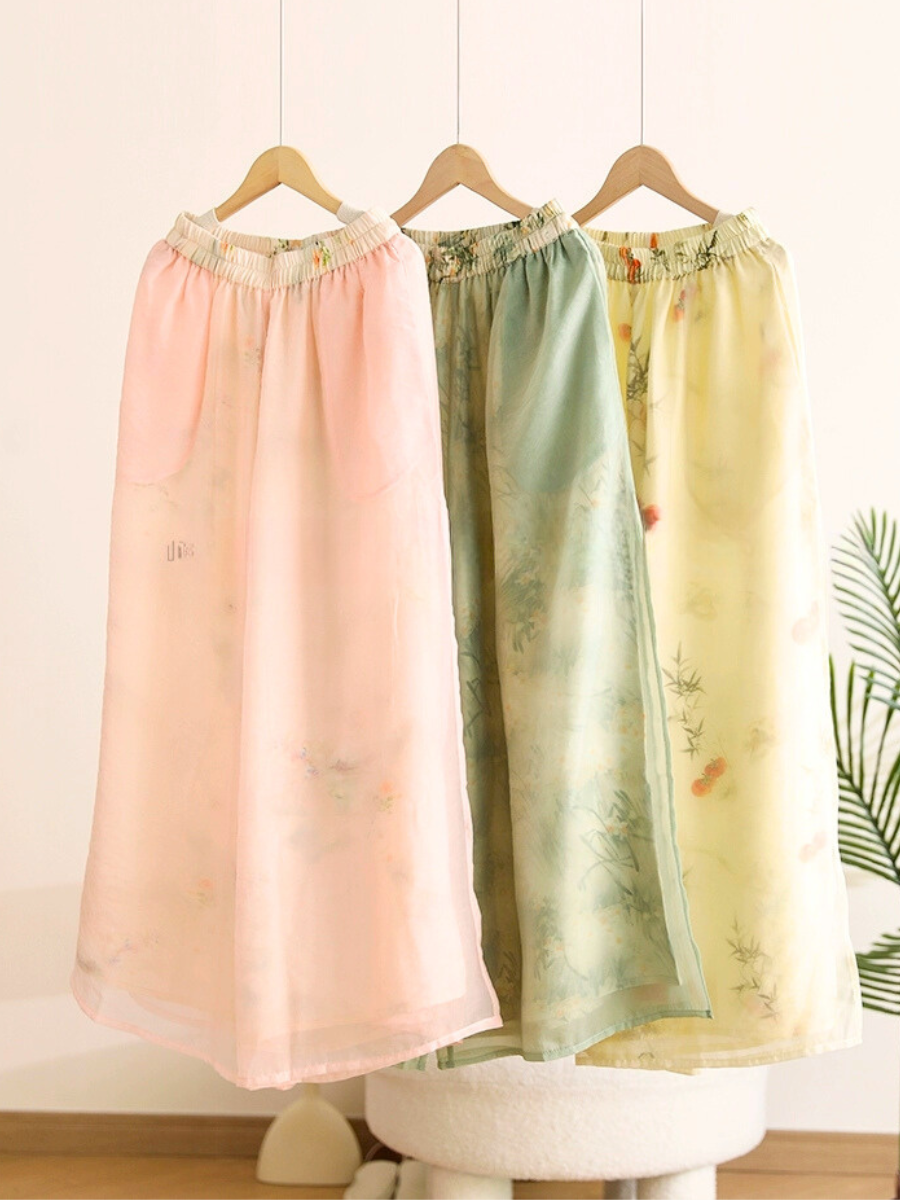 Fang Ning Sheer Wide Leg Pants with Oriental Printing-The Black Bow-