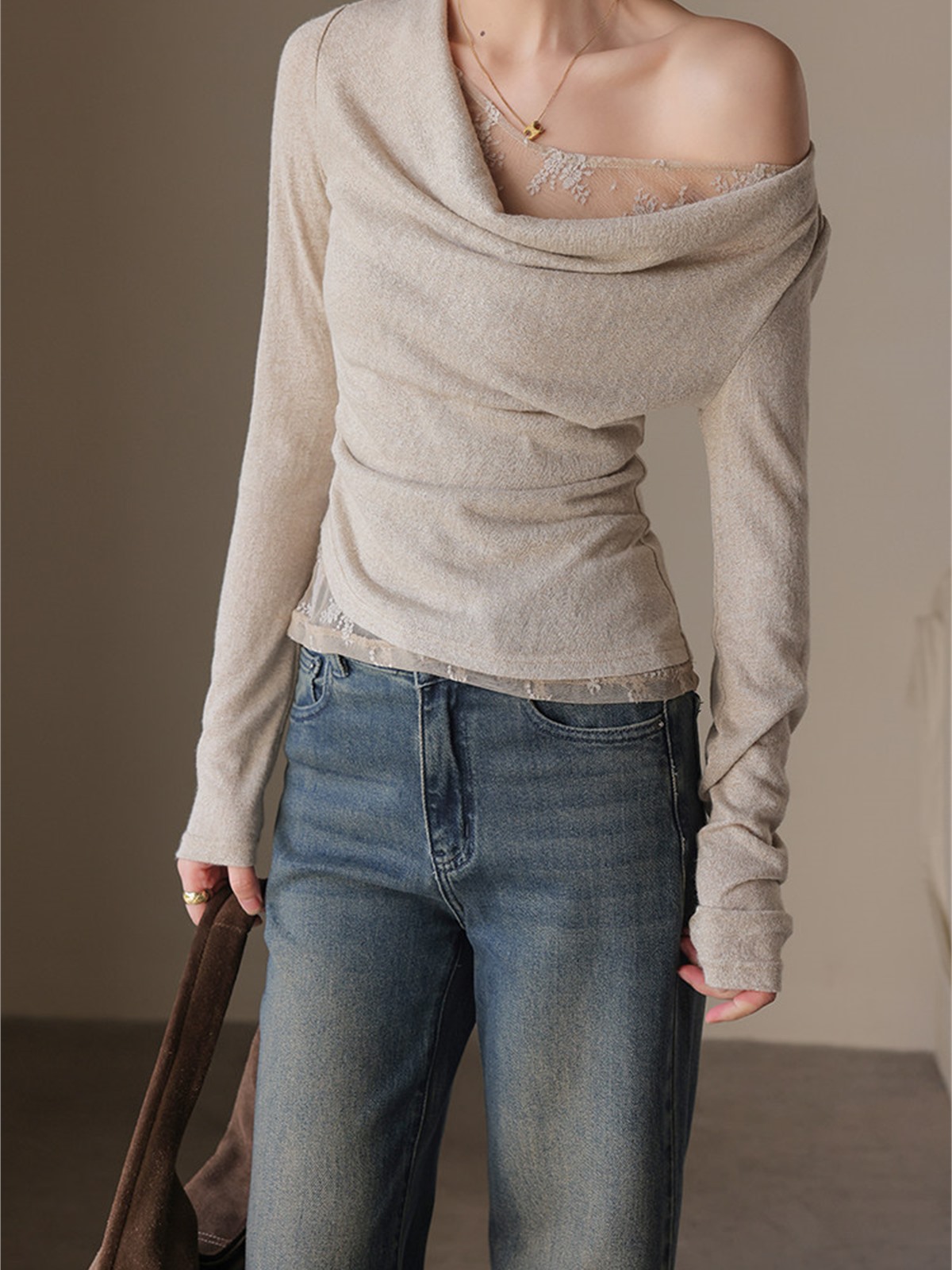 Hermione Ruched Cowl-Neck Long-Sleeve Top