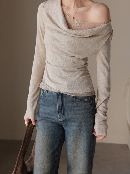 Hermione Ruched Cowl-Neck Long-Sleeve Top