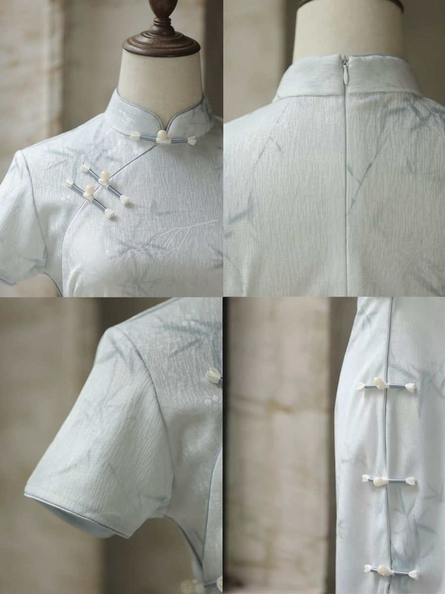 Yun Die Bamboo Print Short Sleeve Cheongsam