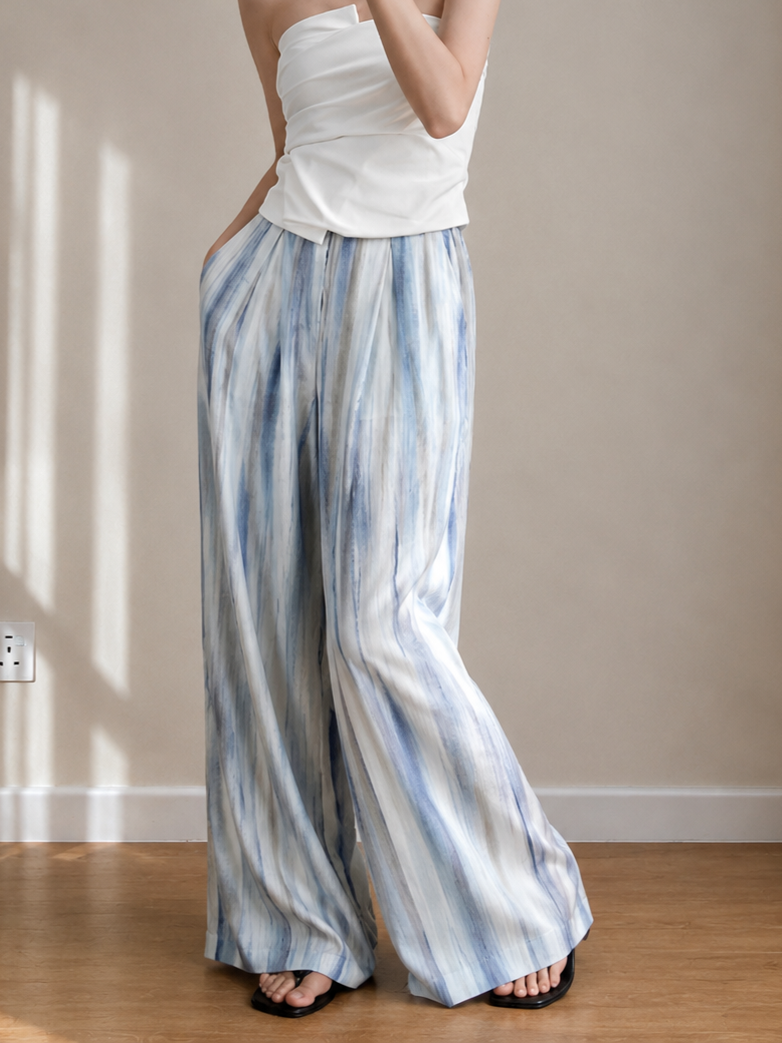 Charlie Watercolor Tencel Linen Wide-Leg Pants
