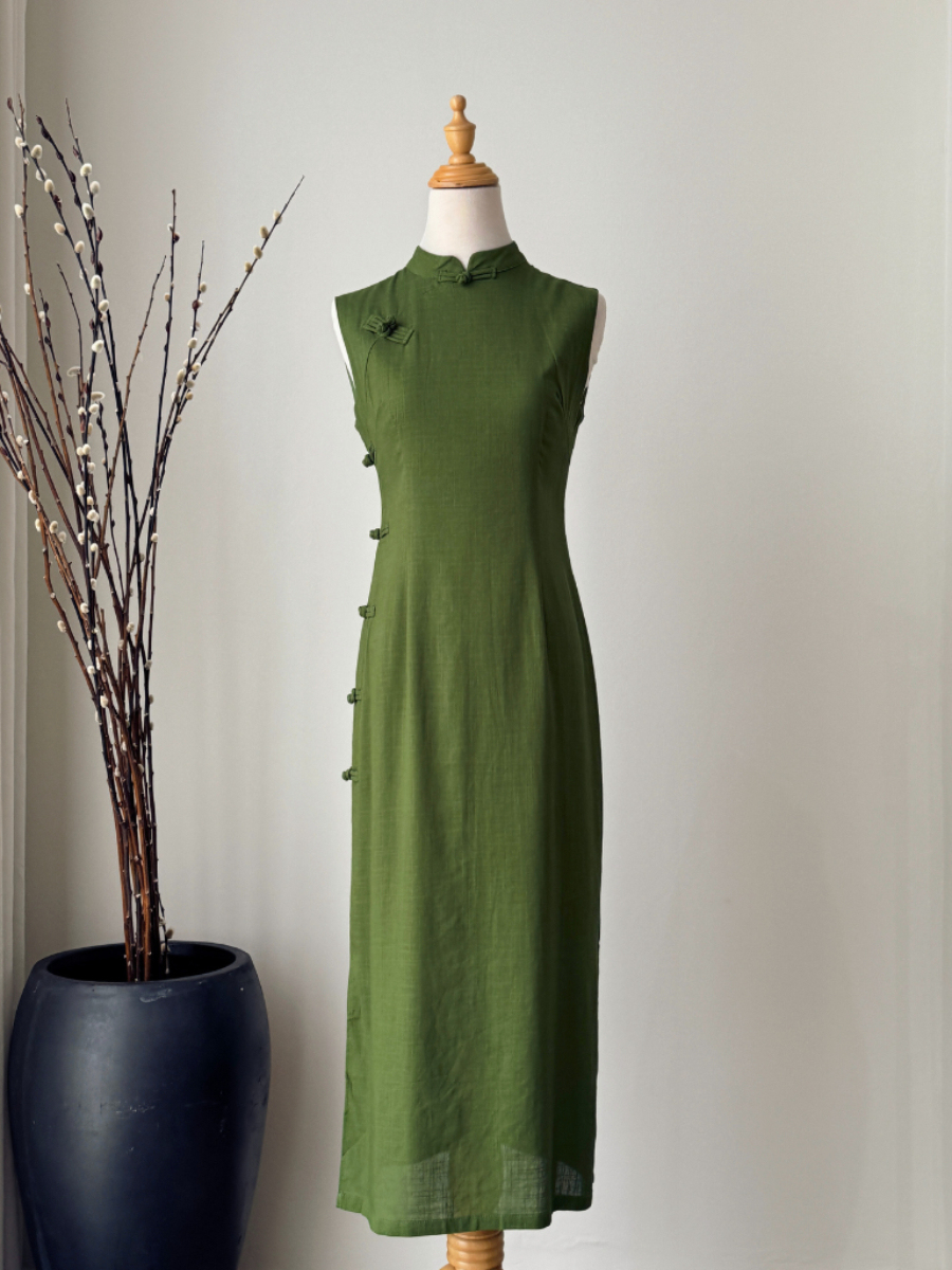 Xi Lv Linen Sleeveless Cheongsam-The Black Bow-