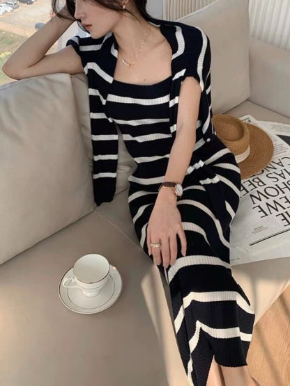Orielle Striped Dress With Cardigan-The Black Bow-