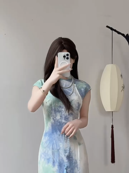 Ci Shan Water Colour Cap Sleeve Cheongsam