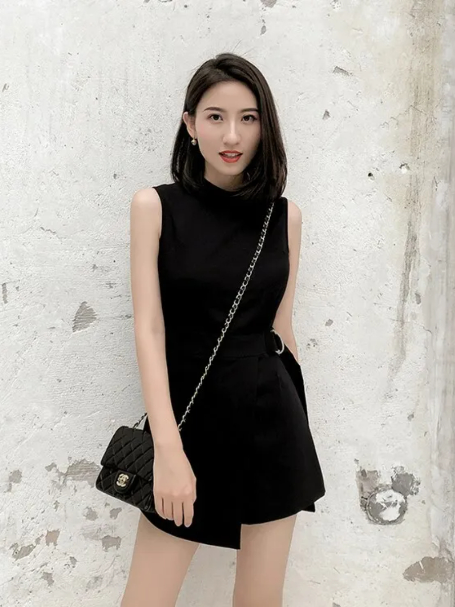 Leto Asymmetrical Belted Romper-The Black Bow-