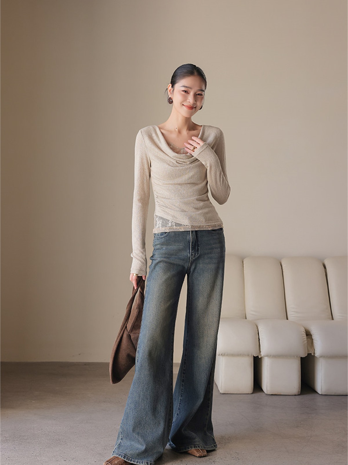 Hermione Ruched Cowl-Neck Long-Sleeve Top