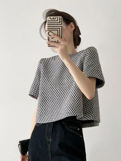 Lanaly Mid Sleeve Checked Top-The Black Bow-