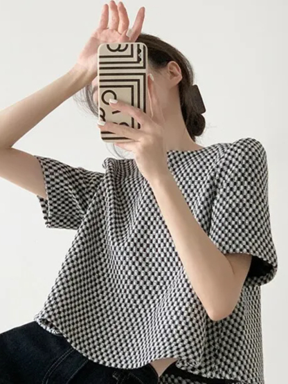 Lanaly Mid Sleeve Checked Top-The Black Bow-