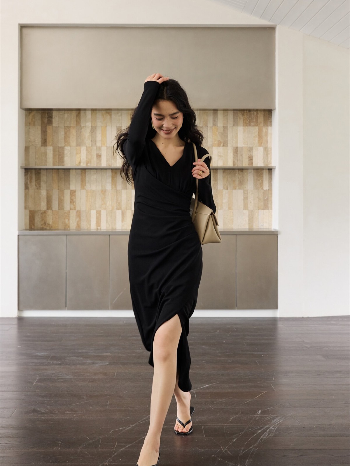 Helon Ruched Long-Sleeve Maxi Dress