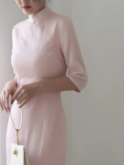 Na's Mandarin Collar Half Sleeve Cheongsam-The Black Bow-