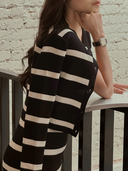 Orielle Striped Dress With Cardigan-The Black Bow-