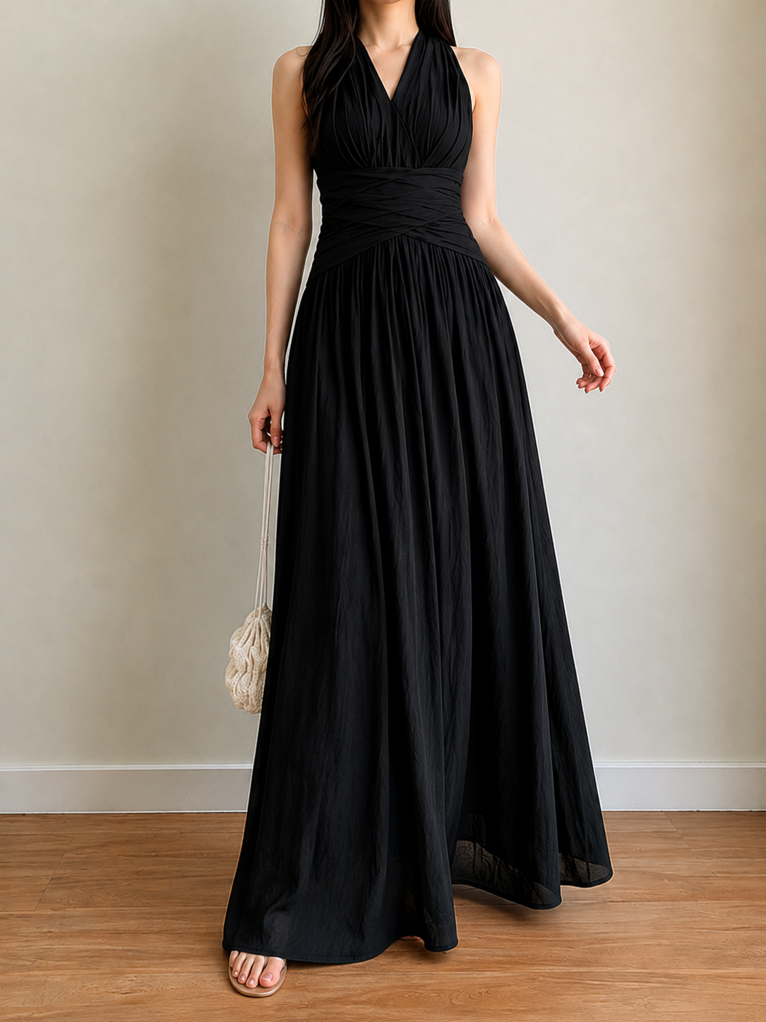 Cristian Ruched-Waist Halter Maxi Dress